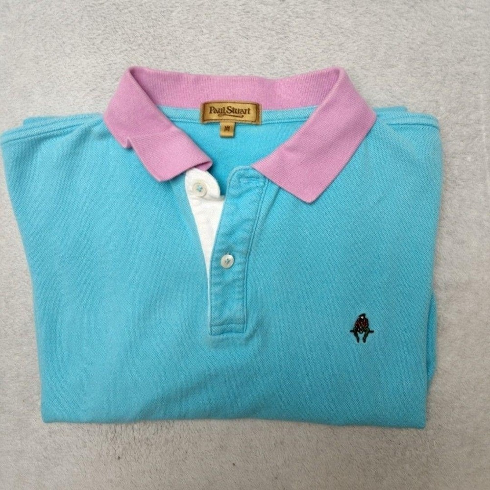 Paul Stuart Polo Shirt Mens M Blue Pink Collar 100% Cotton Pique Embroidered